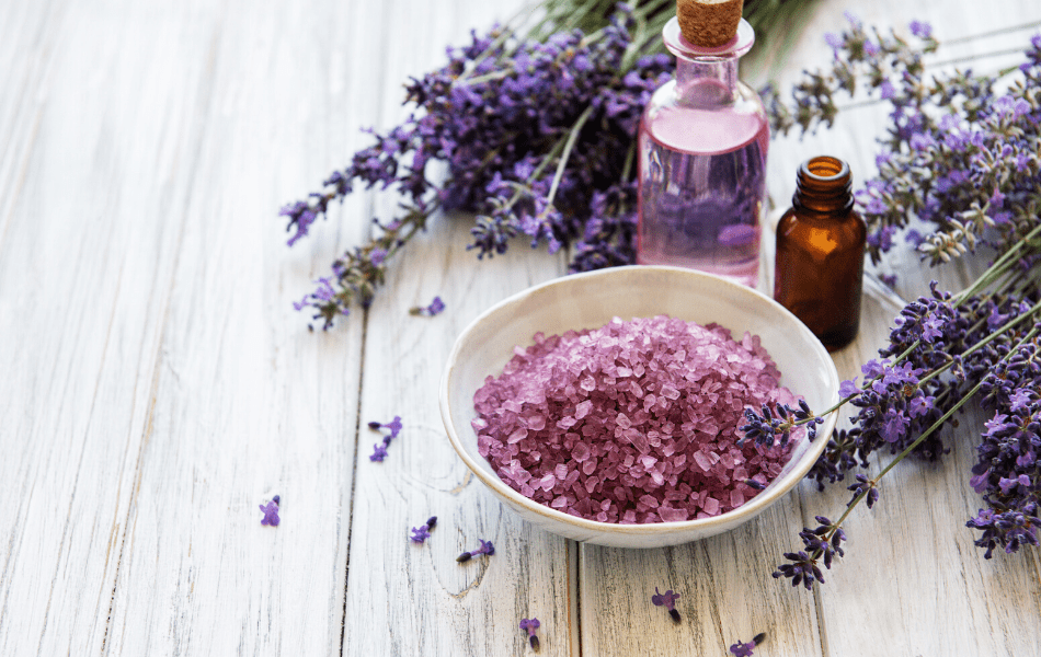 lavender essential oil with lavender bath salts