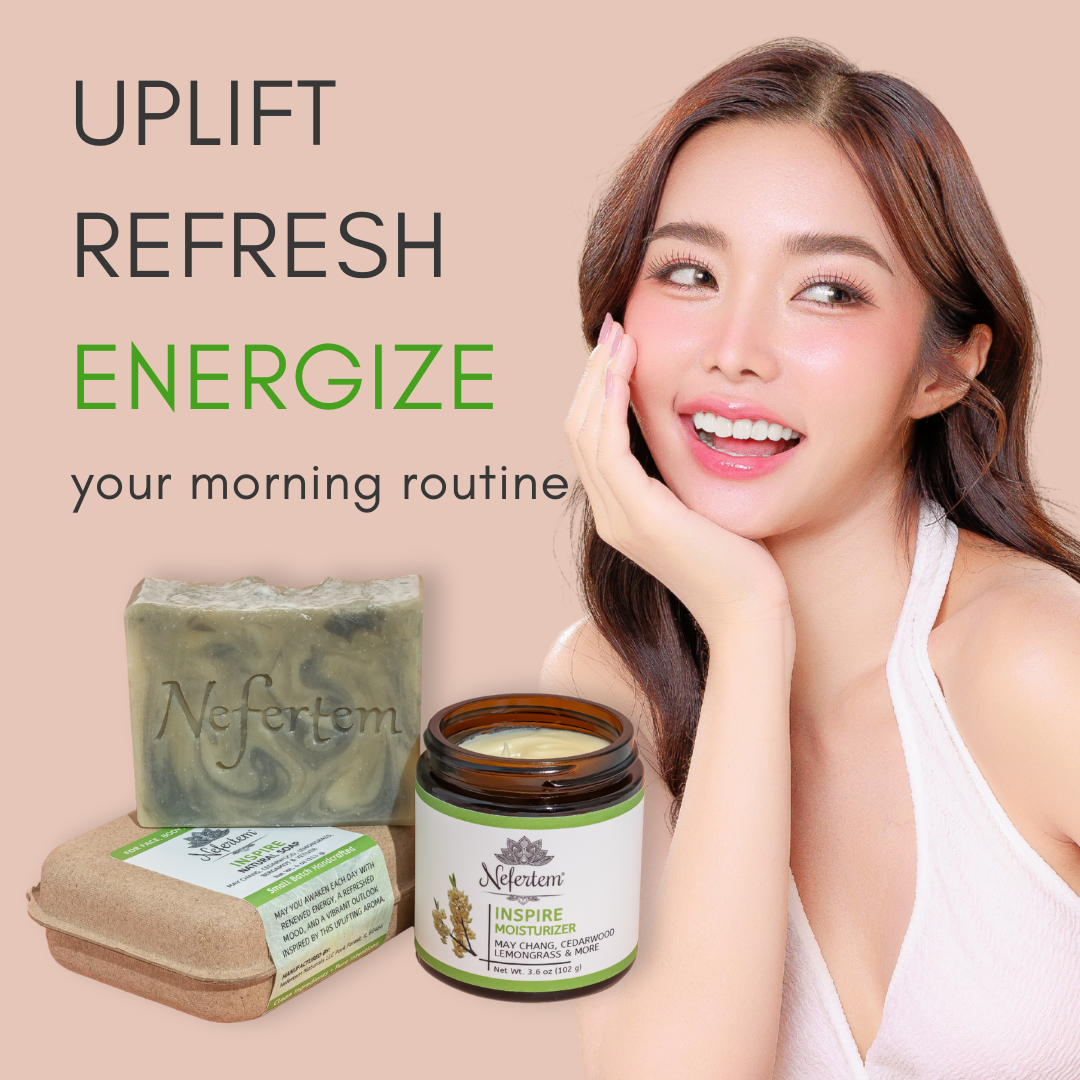 Benefits of the tallow skincare set called Inspire with woman face
