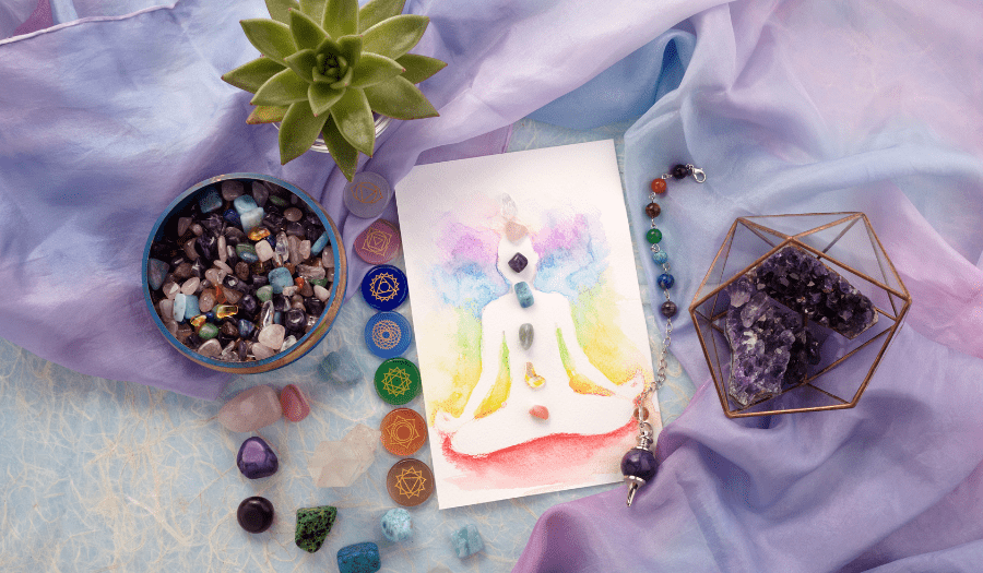 chakra journal with crystals and plants 