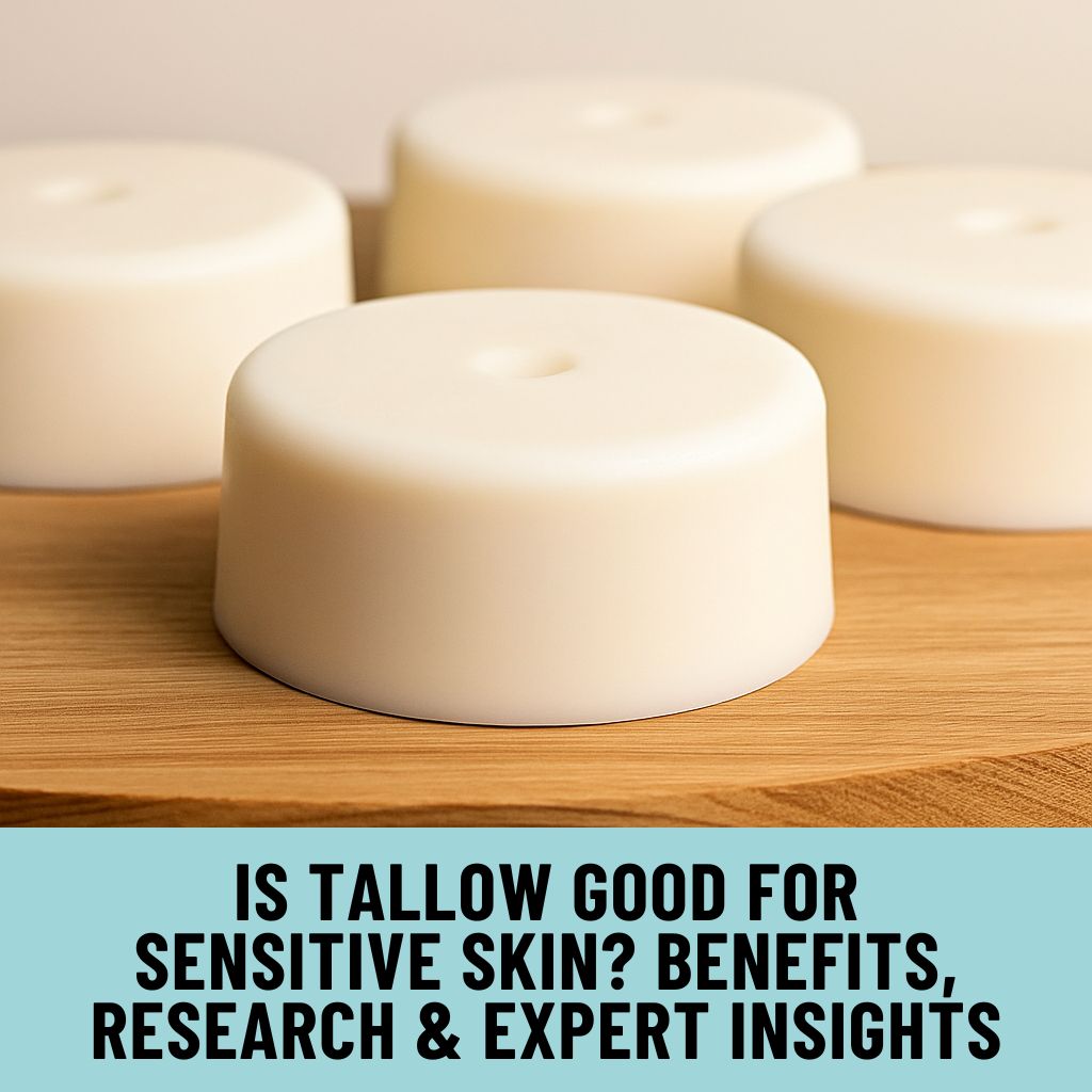 bricks of grass fed tallow skincare on wooden table
