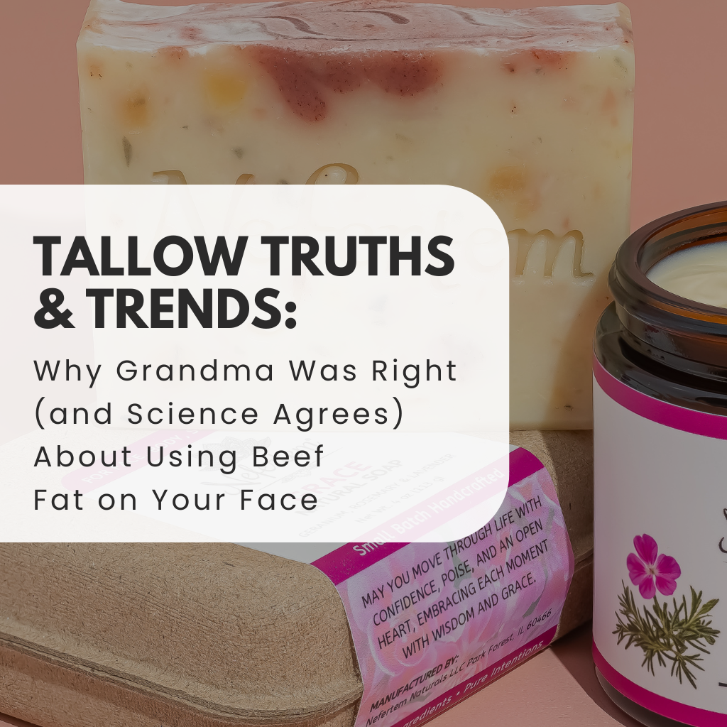 tallow skincare products with wording over top