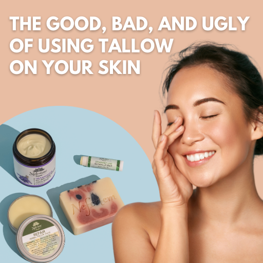 tallow soap and tallow moisturizer with happy woman