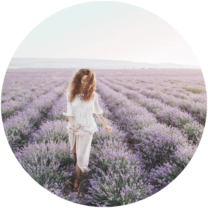 woman walking through field of lavender to be used in tallow moisturizers by Nefertem