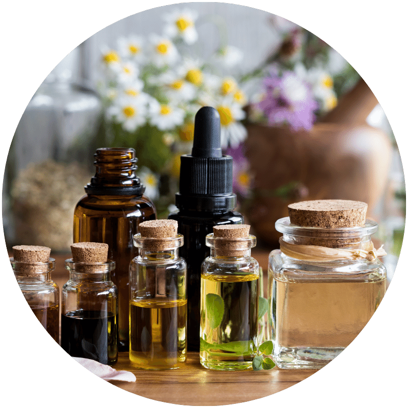 bottles of essential oils for use in natural moisturizers