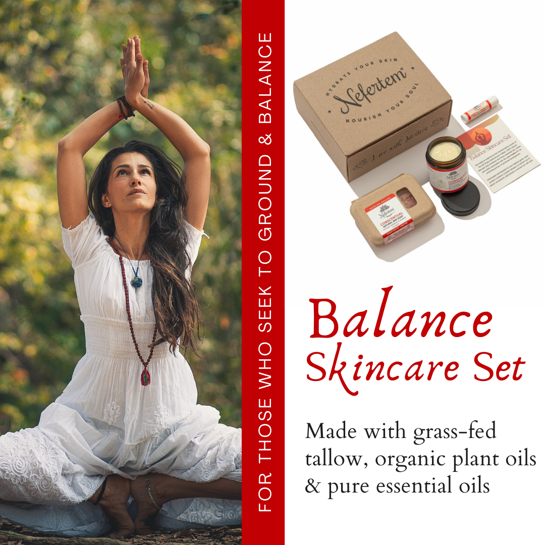 woman grounding next to boxed gift set for tallow skincare