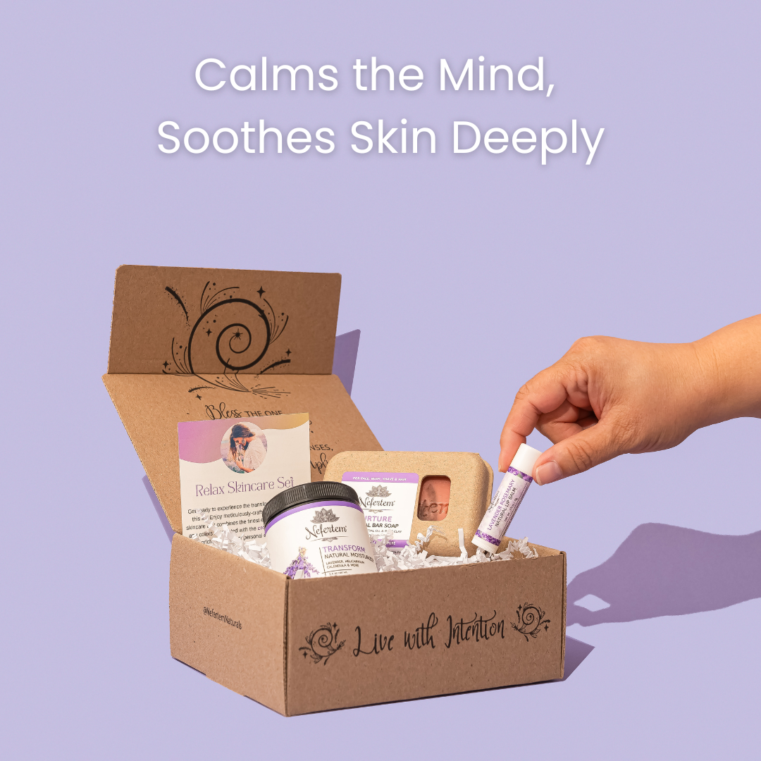 relax skincare set with calming wording