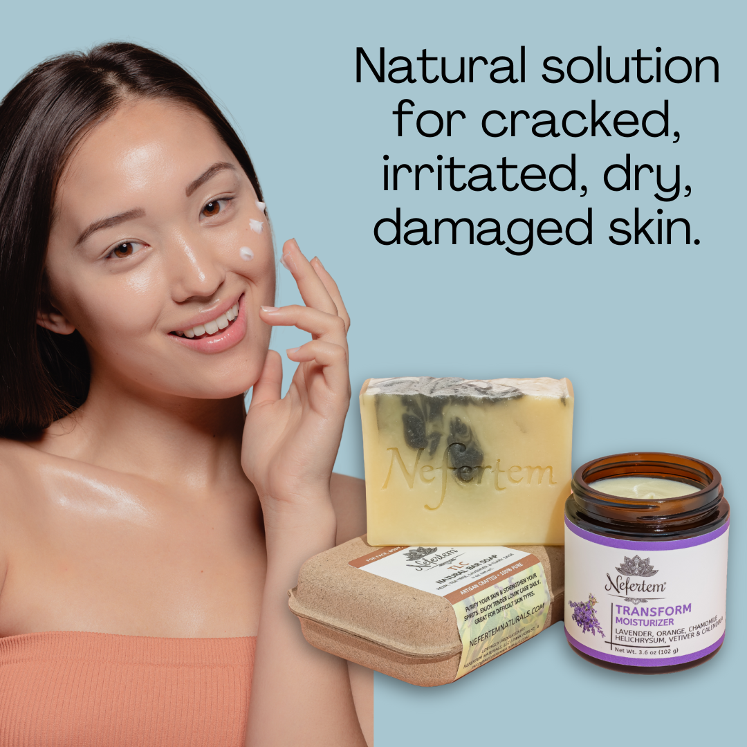 woman showing her application of our Transform Moisturizer on her face