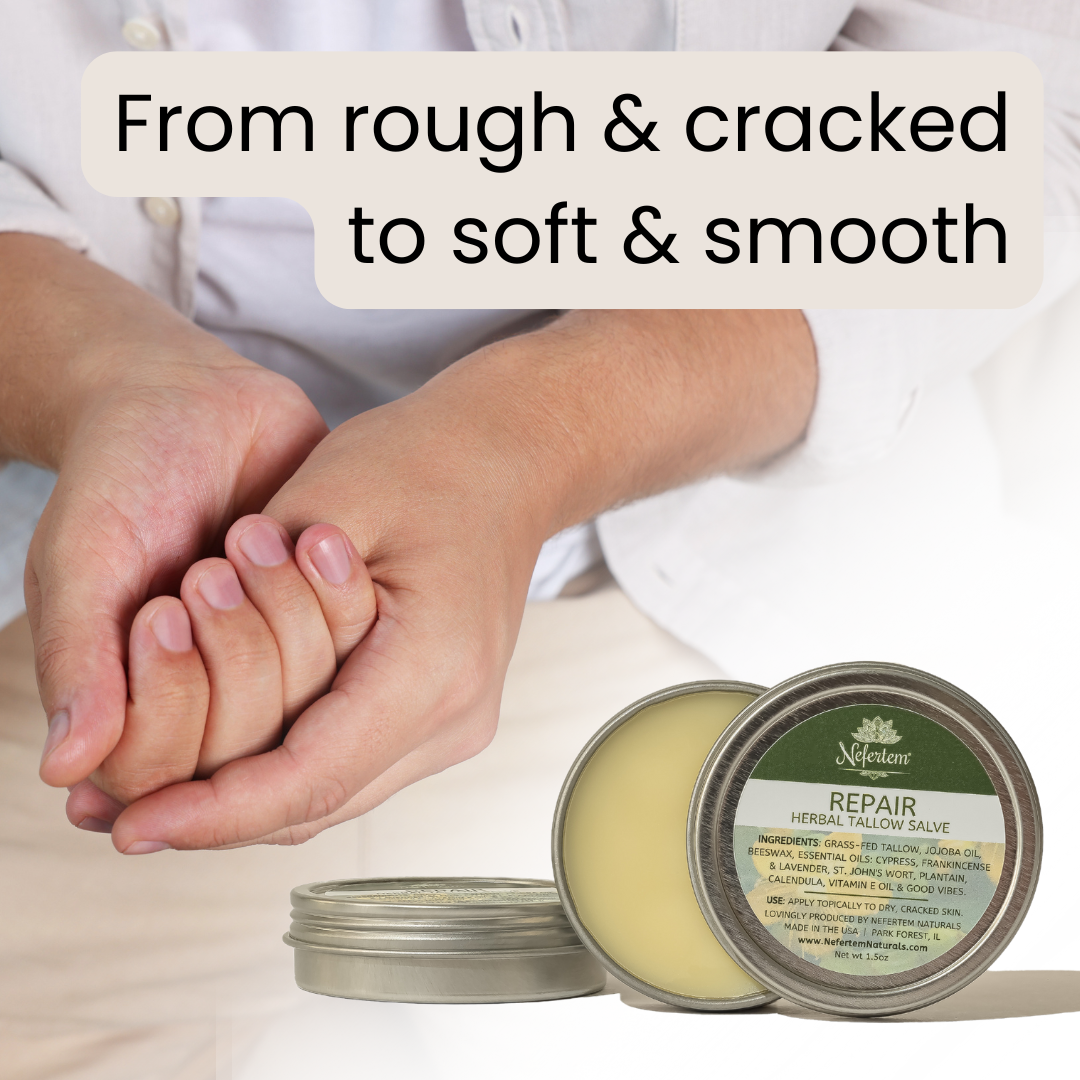 showing hands applying repair herbal tallow salve