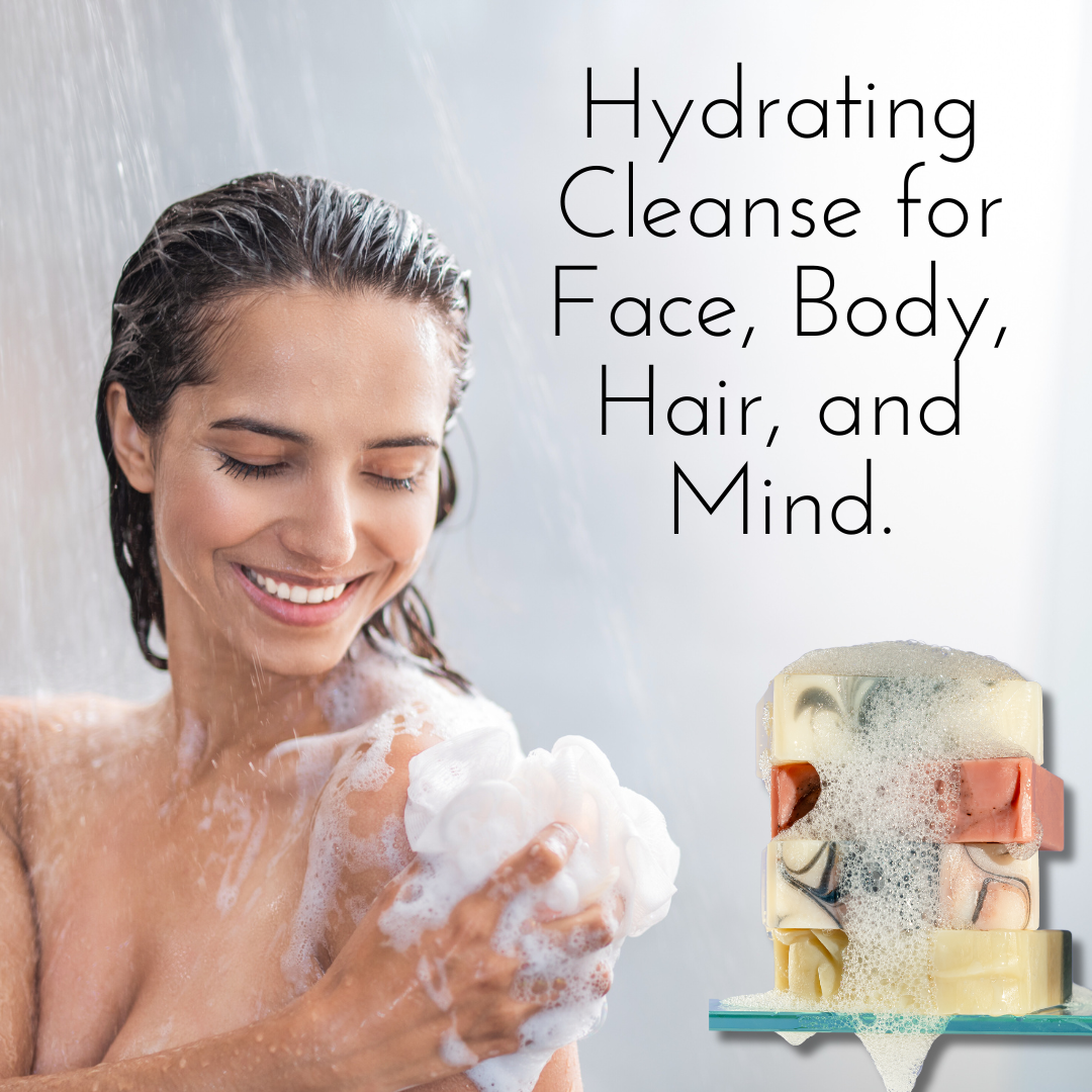 woman cleansing her body with natural tallow bar soap