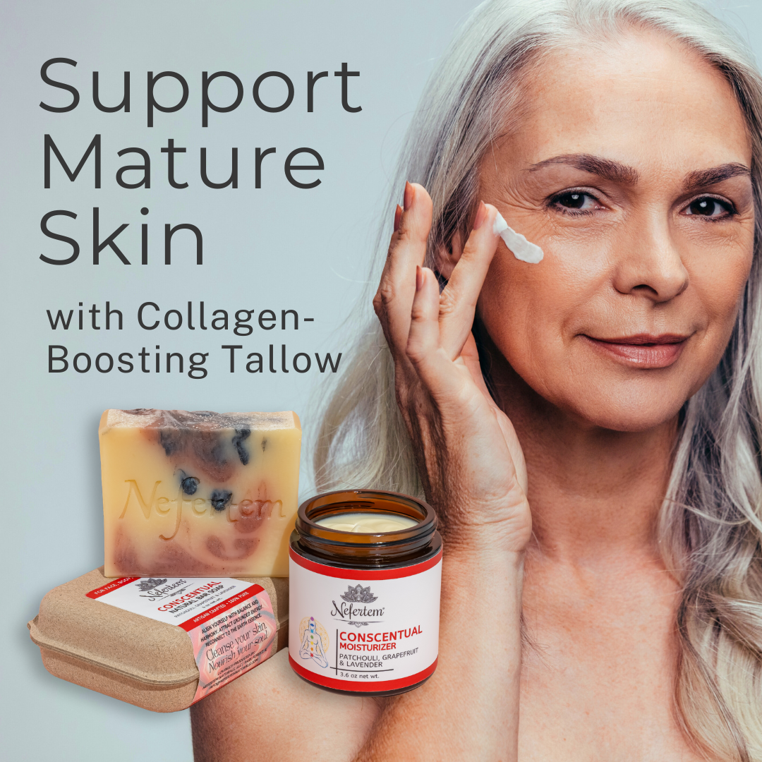 mature skin woman applying lotion to face showing our tallow skincare bundle for anti-aging