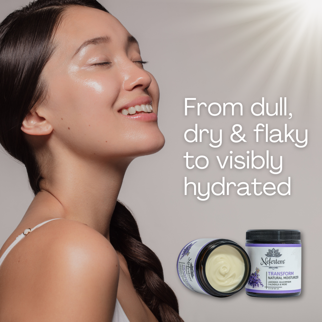 woman with glowing skin with Transform tallow moisturizer