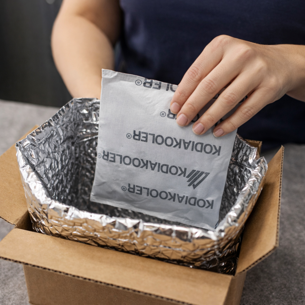 Person holding a KODIAK COOKLER branded insulated food container with a foil-wrapped item.