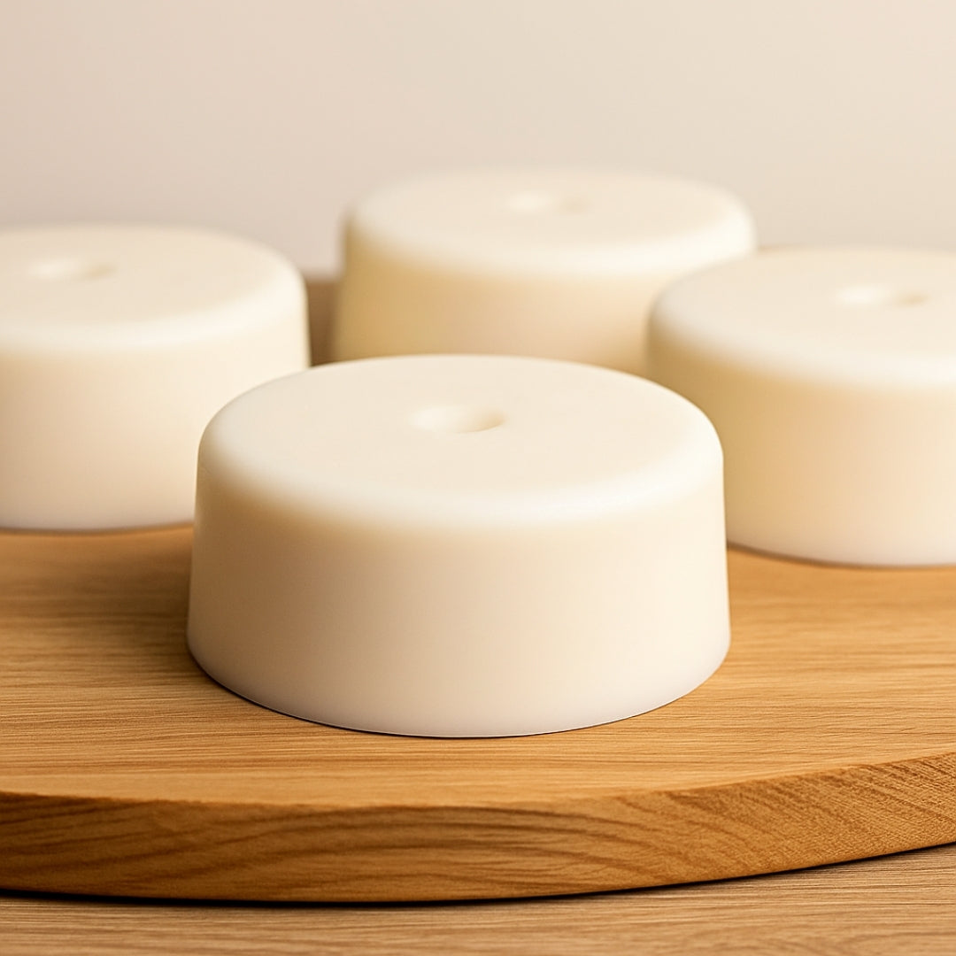 white cylindrical bricks of grass fed tallow renderd and cured in house by us