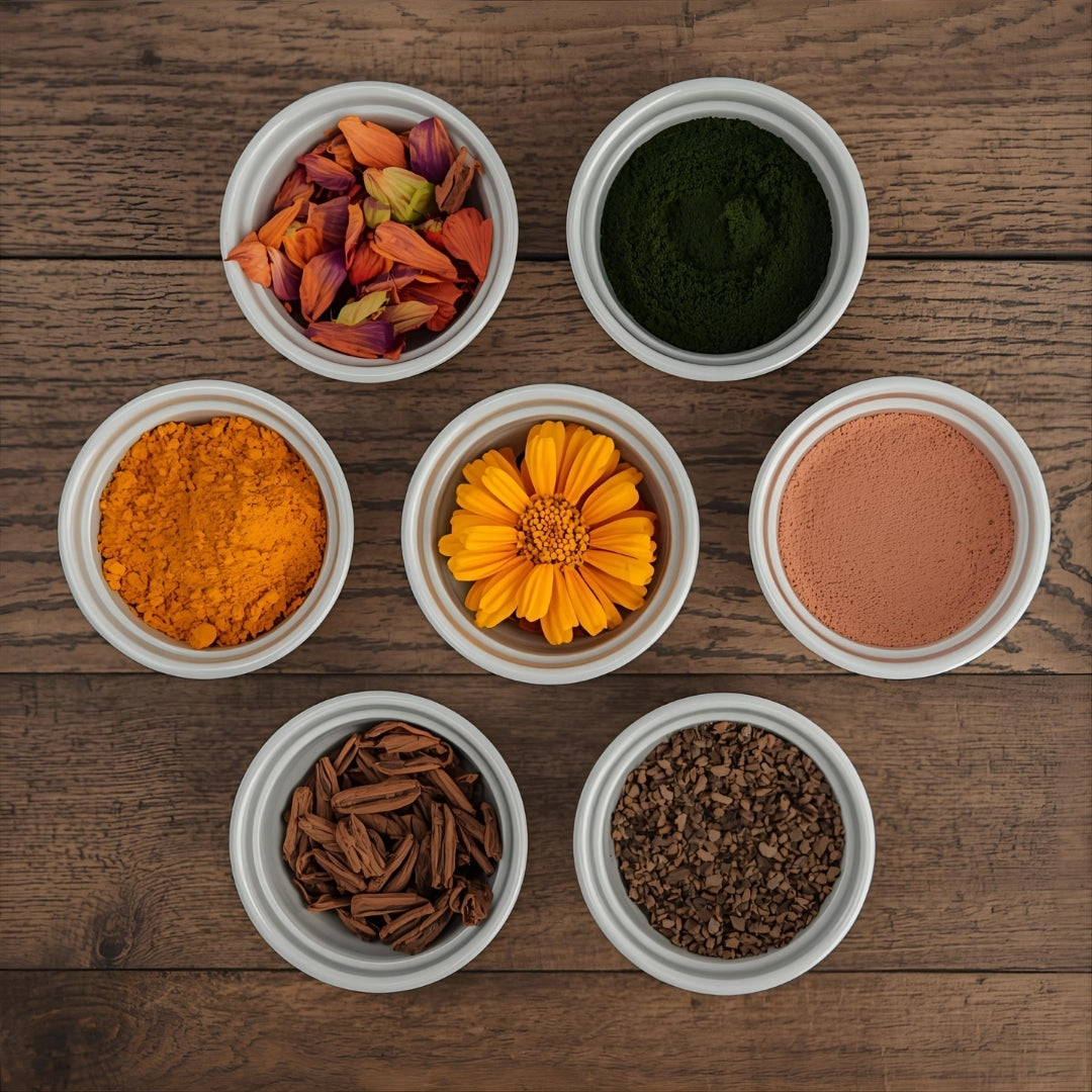 a variety of herbs and powders in glass bowls on top of a woodentable used to make tallow skincare