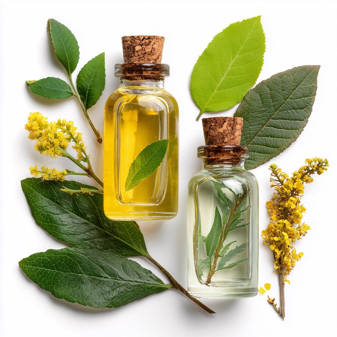 Two small glass bottles with cork stoppers containing essential oils, surrounded by green leaves and yellow flowers on a white background.