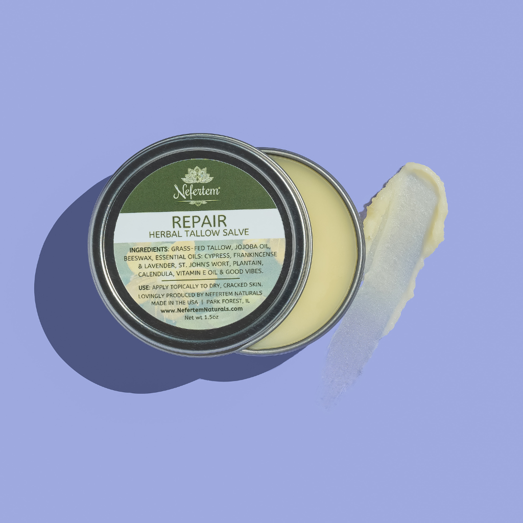 tallow salve with herbs and essential oils